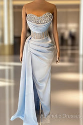 Blue Mermaid Sheer Corset Split Dresses